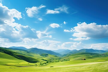 Obraz premium Beautiful landscape with green meadows and blue sky with clouds.