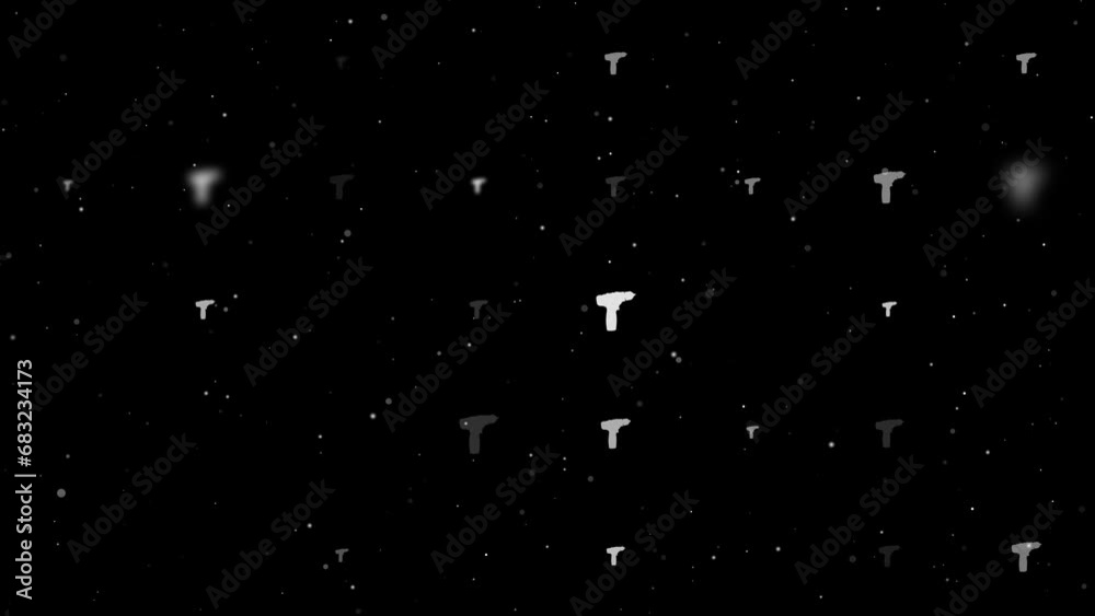Poster template animation of evenly spaced electric screwdriver symbols of different sizes and opacity. ani