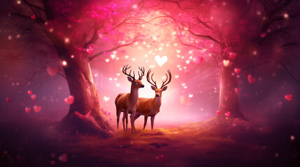 Deer in the forest with heart bokeh background.