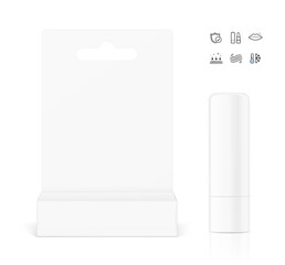 Lipstick care tube mockup with blister packaging.  Front view. Vector illustration isolated on grey background. Can be use for your design, advertising, promo and etc. EPS10. 
