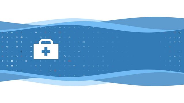 Animation of blue banner waves movement with white first aid symbol on the left. On the background there are small white shapes. Seamless looped 4k animation on chroma key background