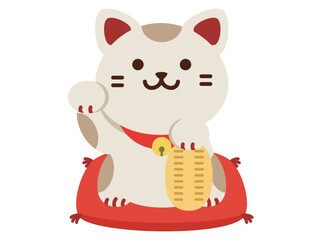 座布団に座って小判を持っている招き猫のイラスト