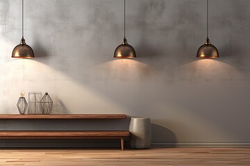 Interior of a room with a lamp desk and grey walls. Created with Ai