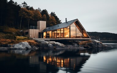 Fototapeta premium A modern lakeside wooden cabin, styled in the fisherman house tradition, stands gracefully atop the water's surface, giving an impression of floating serenely on the lake.