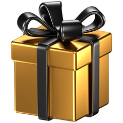 3D illustration of a gold gift box with black bow & ribbons.