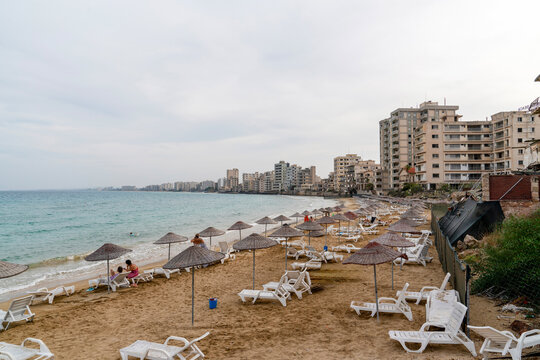 Tourists enjoy the sea in the abandoned city Varosha. Famagusta (Kapali Maras), North Cyprus