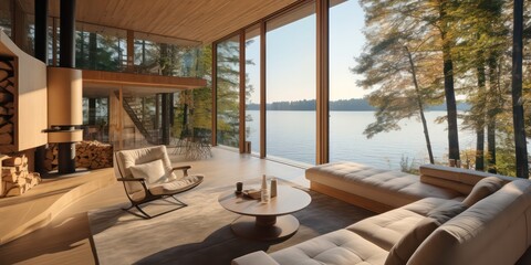 A modern lakeside wooden cabin, styled in the fisherman house tradition, stands gracefully atop the...