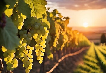 AI generated illustration of a bunch of ripe grapes at a vineyard at golden hour