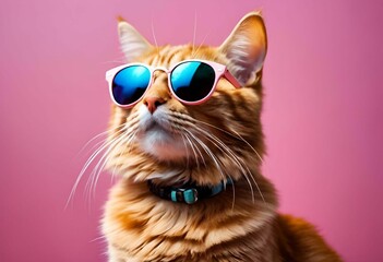 AI generated illustration of an adorable ginger cat wearing a pair of stylish sunglasses