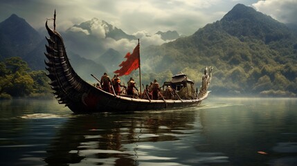 On the lake, there is a dragon boat.