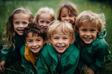 Childhood Bliss: Group of Young Kids in Green Grass Laying Down