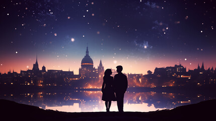 Fototapeta na wymiar Silhouette of man and woman looking at London skyline at night. Valentine's Day.