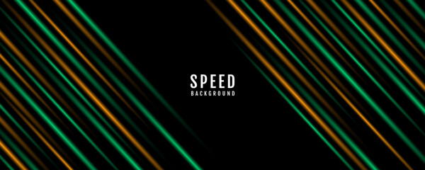 3D green orange techno geometric background on dark space with glow lines motion decoration. Modern graphic design element panoramic high speed style concept for banner, flyer, card, or brochure cover