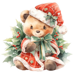 Christmas teddy bear wearing christmas costume on transparent background