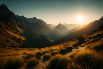 valley of mountains at dawn. Natural summertime scenery