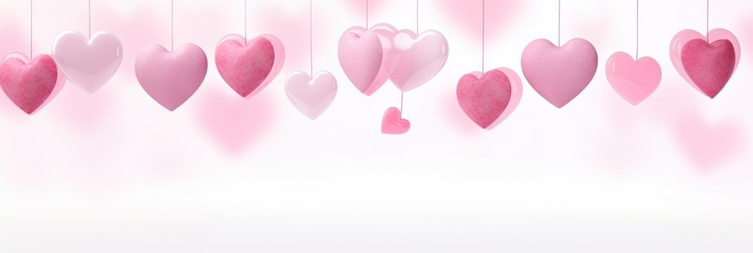 Illustration of defocused blurred pink hearts hanging from a white background. watercolor painting