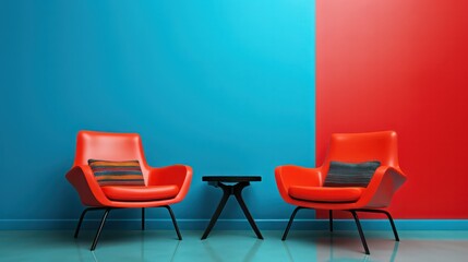 The red chairs serve as focal points against the backdrop of the colorful wall, offering a bold and dramatic contrast that draws attention. - obrazy, fototapety, plakaty