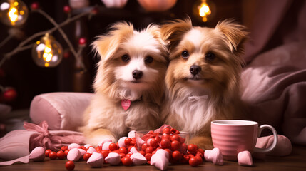 Two cute chihuahua dogs and a cup of tea on the background of a Christmas tree.