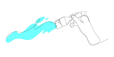 hand holding brush and doing painting in continuous one line drawing style. vector illustration.