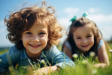 Joyful Moments: Smiling Children Lying on Green Grass