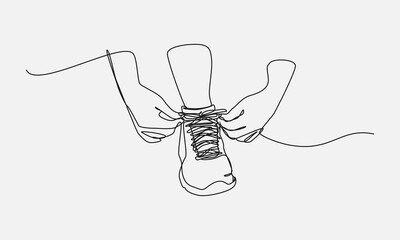 continuous line drawing of hand tying shoelaces. editable stroke. vector illustration. - obrazy, fototapety, plakaty