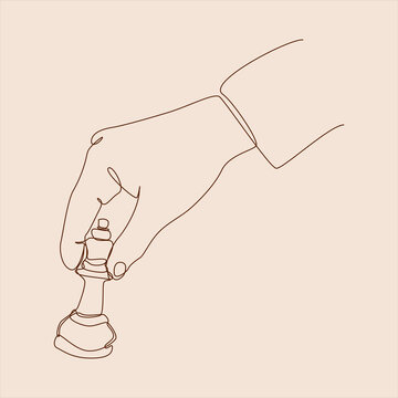 recommend clip art: continuous line drawing of hand holding and moving chess piece. play chess. editable stroke. vector illustration.