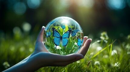 On a grass background, a human hand holds an earth crystal glass globe and a butterfly with blue...