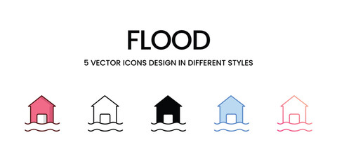 Flood Icon Design in Five style with Editable Stroke. Line, Solid, Flat Line, Duo Tone Color, and Color Gradient Line. Suitable for Web Page, Mobile App, UI, UX and GUI design.