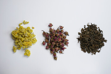 Various types of tea for serving.  Top view. Flat lay. 
