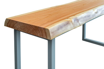 Bench with live edge wood top and gray metal legs in simple modern design isolated on a white background. Close-up view