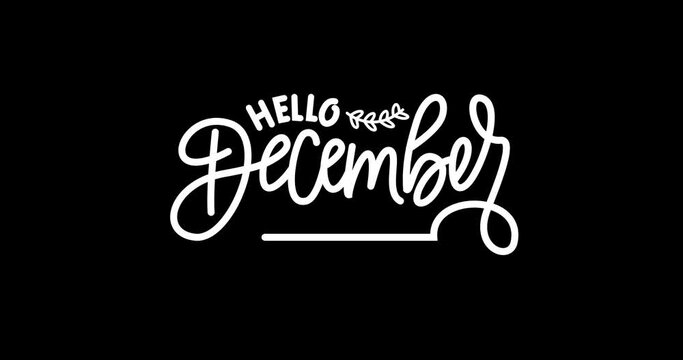 Hello December. Animation of modern handwriting text calligraphy with alpha channel. Great for promotional, campaigns, celebrations, and greetings