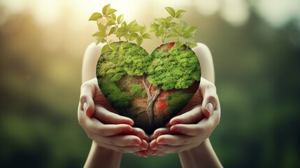 Naklejka na ściany i meble Earth Day, known as World Environment Day, is an environmentally friendly and ecological concept. Themes of saving the environment, restoring and protecting green nature On the globe, a heart-shaped 