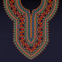 Symmetrical neckline pattern for dashiki shirt with Celtic motifs and colorful geometric shapes on the dark blue background. The embroidery neck design of the kaftan dress, kurta, Kurti, and blouse.