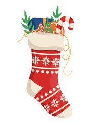 Christmas stocking with long-awaited gifts. Gift socks. Vector graphic.