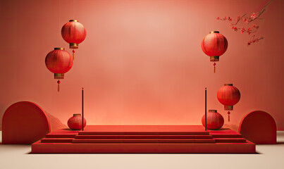 empty stage mockup for product display with chinese style - obrazy, fototapety, plakaty