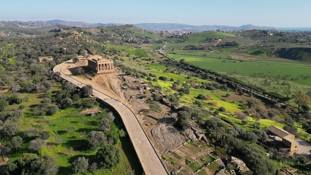 Aerial view of one of the best preserved ancient Greek temples, the Tempio della Concordia in the Valley of the Temples, history and architecture in Sicily Italy

