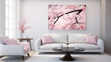 White Living Room with Pink Floral Elements
