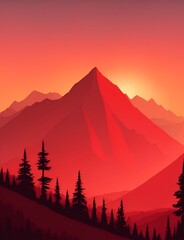 Misty mountains at sunset in red tone, vertical composition