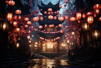 Rolgordijnen Chinese Lanterns Adorning Walls © Mike