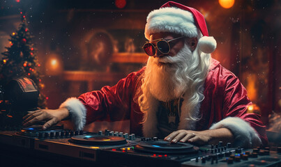 illustration Santa Claus as a crazy synthwave DJ - obrazy, fototapety, plakaty