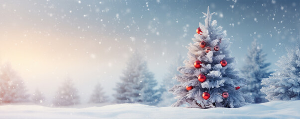 Beautiful bright christmas decoration with red christmass tree balls, amazing snow forrest background