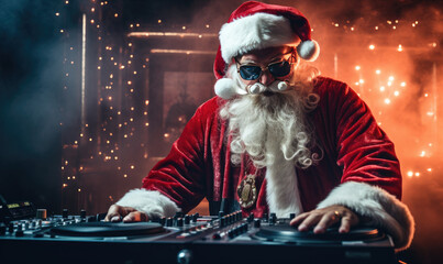 illustration Santa Claus as a crazy synthwave DJ