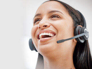 Telemarketing headset, professional face and happy woman laugh at funny sales pitch, callcenter...
