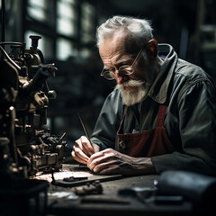 an experienced craftsman is checking some parts in his factory, Generative AI
