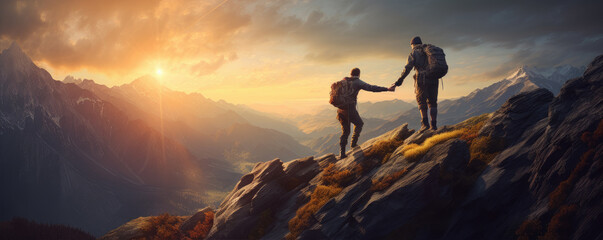 Two fiernds - hikers on the mountain top. Help each other to reach the mountain top - obrazy, fototapety, plakaty