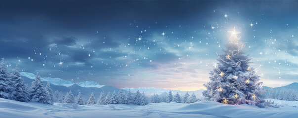 Beautiful christmas tree in fairytale snowy landscape. Wallpaper and background.