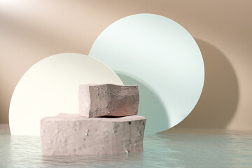 3d render concrete podium product display on water background