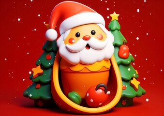 Funny cartoon Santa with giftbox and Christmas trees on red background