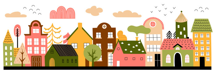City street. Town home buildings with small trees. Cartoon estate exterior. Cute old childish Scandinavian or Swedish border. Urban landscape. Residential architecture. Vector flat style illustration