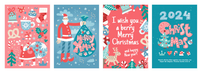 Xmas cards. Merry christmas patterns, abstract new year modern art, ornament on tree, bauble for holidays. Santa Claus with gifts. 2024 lettering, congratulation phrases vector illustration background